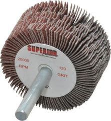 Superior Abrasives - 2" Diam x 1" Face Width, Fine Aluminum Oxide Coated Mounted Flap Wheel - 1/4" Shank Mount, 120 Grit, J Weighted Cloth Backing, 14,000 Max RPM - Benchmark Tooling