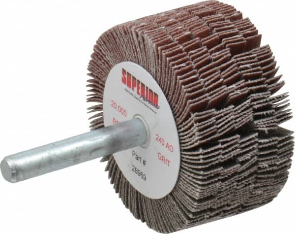 Superior Abrasives - 2" Diam x 1" Face Width, Very Fine Aluminum Oxide Coated Mounted Flap Wheel - 1/4" Shank Mount, 240 Grit, J Weighted Cloth Backing, 14,000 Max RPM - Benchmark Tooling