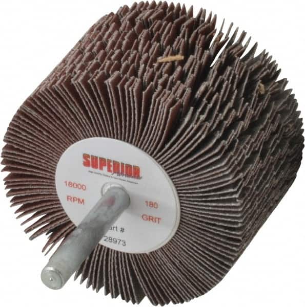 Superior Abrasives - 2-1/2" Diam x 1-1/2" Face Width, Very Fine Aluminum Oxide Coated Mounted Flap Wheel - 1/4" Shank Mount, 180 Grit, J Weighted Cloth Backing, 9,000 Max RPM - Benchmark Tooling