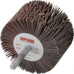 Superior Abrasives - 2-1/2" Diam x 1-1/2" Face Width, Very Fine Aluminum Oxide Coated Mounted Flap Wheel - 1/4" Shank Mount, 180 Grit, J Weighted Cloth Backing, 9,000 Max RPM - Benchmark Tooling
