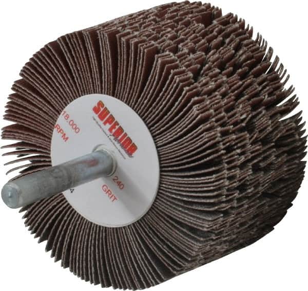 Superior Abrasives - 2-1/2" Diam x 1-1/2" Face Width, Very Fine Aluminum Oxide Coated Mounted Flap Wheel - 1/4" Shank Mount, 240 Grit, J Weighted Cloth Backing, 9,000 Max RPM - Benchmark Tooling