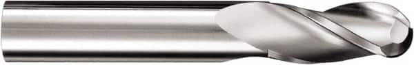 SGS - 27/64" Diam, 1" LOC, 3 Flute Solid Carbide Ball End Mill - TiN Finish, Single End, 2-3/4" OAL, 7/16" Shank Diam, Spiral Flute - Benchmark Tooling