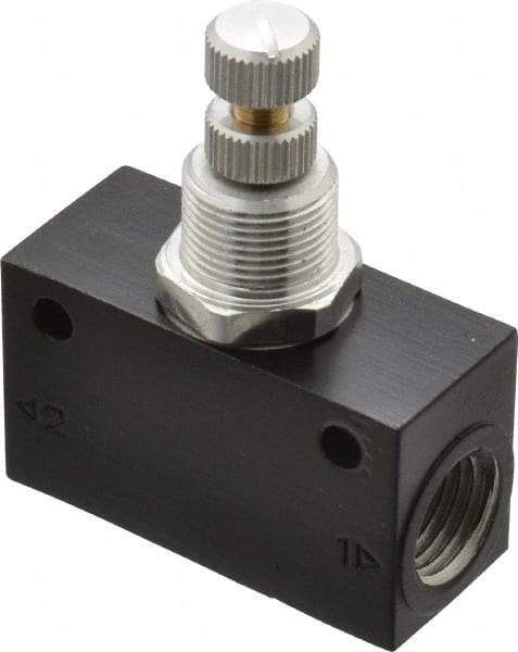 Norgren - 1/4" NPT Inlet x 1/4" NPT Outlet In-Line Flow Control Valve - 15 to 145 psi, Needle Valve & Aluminum Material - Benchmark Tooling