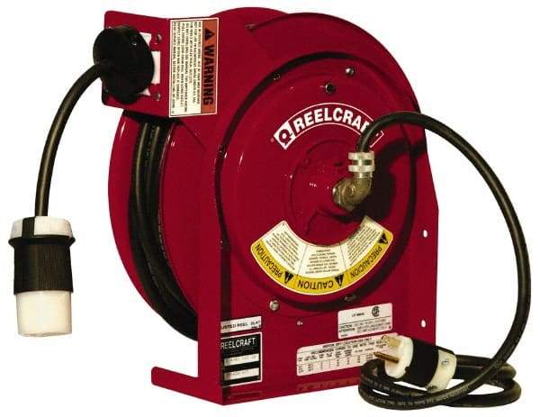 Reelcraft - 12 AWG, 45' Cable Length, Cord & Cable Reel with Outlet End - 1 Outlet, NEMA 5-20R, 20 Amps, 125 Volts, SJEOOW Cable, Red Reel - Benchmark Tooling