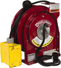 Reelcraft - 12 AWG, 45' Cable Length, Cord & Cable Reel with Duplex GFCI Outlet Box End - 2 Outlets, NEMA 5-20R, 20 Amps, 125 Volts, SJEOOW Cable, Red Reel - Benchmark Tooling