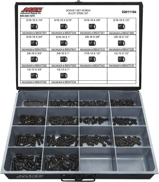 Value Collection - 500 Piece, 5/16 to 1/2, Steel Set Screw Assortment - Socket Cap Head, Hex Socket Drive, 1 to 3/4" Long - Benchmark Tooling