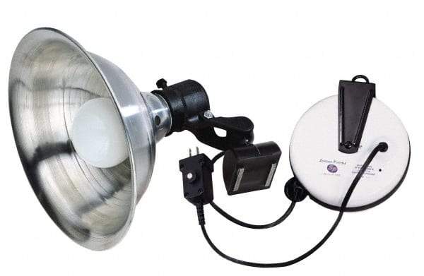 Made in USA - 18 AWG, 20' Cable Length, Cord & Cable Reel with Incandescent Hand Lamp End - 0 Outlets, 15 Amps, 110/115 Volts, SJT Cable, White/Black Reel - Benchmark Tooling