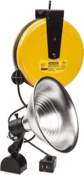 Made in USA - 18 AWG, 50' Cable Length, Cord & Cable Reel with Incandescent Hand Lamp End - 0 Outlets, 15 Amps, 110/115 Volts, SJT Cable, White/Black Reel - Benchmark Tooling