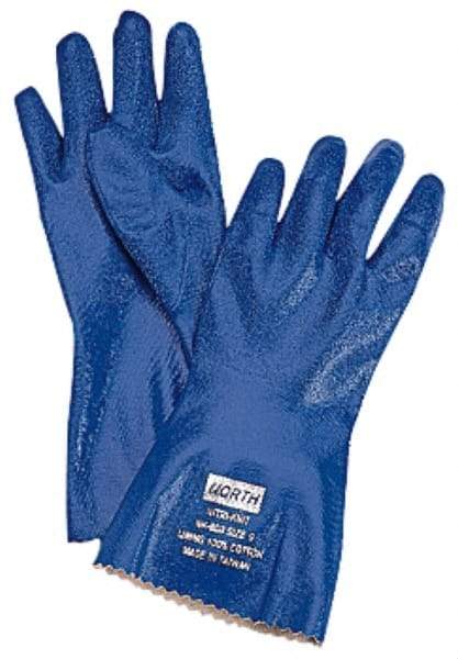 North - Size M (8), 12" Long, Supported, Nitrile Chemical Resistant Gloves - Textured Finish, Interlock Knit Lined, Gauntlet Pinked Cuff, Blue, FDA Approved - Benchmark Tooling
