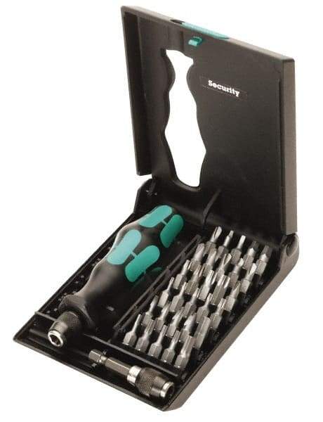 Wera - 32 Piece, 1/4" Drive Screwdriver Tamperproof Bit Set - Tamperproof 2 to 6mm Hex, Tamperproof 7 to 40 Torx, #0, #1, #2 & #3 Square Recess - Benchmark Tooling