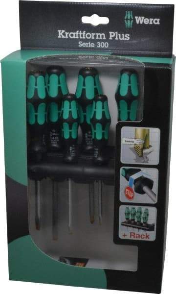 Wera - 6 Piece Pozidriv & Slotted Screwdriver Set - Hex with Bolster Shank, Kraftform Ergonomic Handle, Bit Sizes: Philips #1 & #2, Posidriv Point #1 & #2, Tip Thickness: 9/64, 5/32, 7/32 & 1/4 - Benchmark Tooling