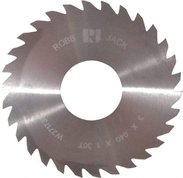 RobbJack - 3" Diam x 0.04" Blade Thickness x 1" Arbor Hole Diam, 30 Tooth Slitting and Slotting Saw - Arbor Connection, Right Hand, Uncoated, Solid Carbide, Concave Ground - Benchmark Tooling