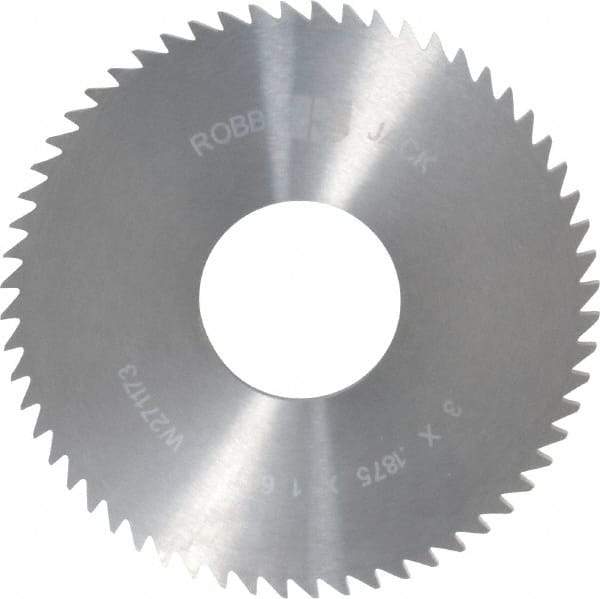 RobbJack - 3" Diam x 3/16" Blade Thickness x 1" Arbor Hole Diam, 60 Tooth Slitting and Slotting Saw - Arbor Connection, Right Hand, Uncoated, Solid Carbide, Concave Ground - Benchmark Tooling