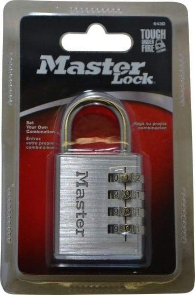 Master Lock - 1-9/16" Body Width, 7/8" Shackle Clearance, Aluminum Chrome Plated Combination Lock - 1/4" Shackle Diam, 1" Shackle Width - Benchmark Tooling