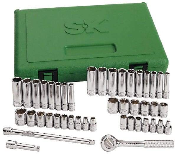 SK - 41 Piece 1/4" Drive Standard Deep Socket Set - 12 Points, 3/16 to 9/16", 5 to 14mm, Inch/Metric Measurement Standard - Benchmark Tooling