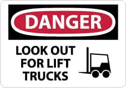 NMC - "Danger - Look Out for Lift Trucks", 10" Long x 14" Wide, Rigid Plastic Safety Sign - Rectangle, 0.05" Thick, Use for Accident Prevention - Benchmark Tooling