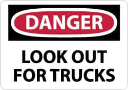 NMC - "Danger - Look Out for Trucks", 10" Long x 14" Wide, Rigid Plastic Safety Sign - Rectangle, 0.05" Thick, Use for Accident Prevention - Benchmark Tooling