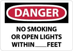 NMC - "Danger - No Smoking or Open Lights Within____feet", 10" Long x 14" Wide, Rigid Plastic Safety Sign - Rectangle, 0.05" Thick, Use for Accident Prevention - Benchmark Tooling