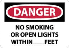 NMC - "Danger - No Smoking or Open Lights Within____feet", 10" Long x 14" Wide, Rigid Plastic Safety Sign - Rectangle, 0.05" Thick, Use for Accident Prevention - Benchmark Tooling