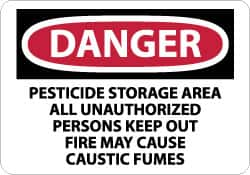 NMC - "Danger - Pesticide Storage Area - All Unauthorized Persons Keep Out - Fire May Cause Caustic Fumes", 10" Long x 14" Wide, Rigid Plastic Safety Sign - Rectangle, 0.05" Thick, Use for Security & Admittance - Benchmark Tooling