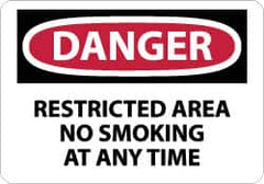 NMC - "Danger - Restricted Area - No Smoking at Any Time", 10" Long x 14" Wide, Rigid Plastic Safety Sign - Rectangle, 0.05" Thick, Use for Accident Prevention - Benchmark Tooling