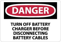 NMC - "Danger - Turn off Battery Charger Before Disconnecting Battery Cables", 10" Long x 14" Wide, Rigid Plastic Safety Sign - Rectangle, 0.05" Thick, Use for Accident Prevention - Benchmark Tooling