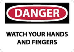 NMC - Accident Prevention Label, Header: DANGER - Legend: Danger - Watch Your Hands and Fingers, English, Red, Black & White, 5" Long x 3" High, Sign Muscle Finish - Benchmark Tooling