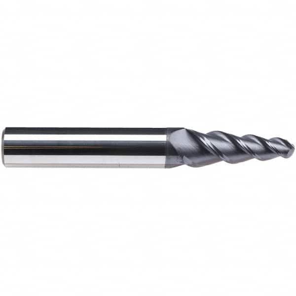 Emuge - 6° Taper Angle per Side, 3.8mm Small End Diam, 19mm LOC, Solid Carbide 3 Flute Tapered Ball End Mill - TiAlN Finish, 62mm OAL, 6mm Shank Diam, Spiral Flute, 45° Helix - Benchmark Tooling