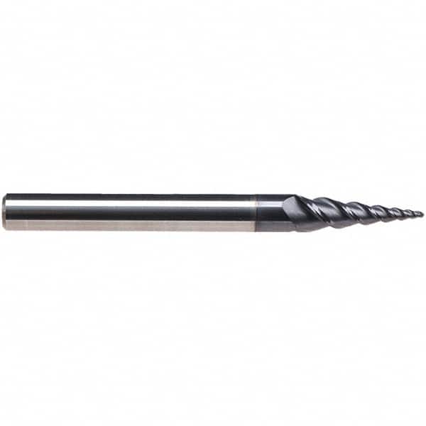Emuge - 8° Taper Angle per Side, 3.85mm Small End Diam, 15mm LOC, Solid Carbide 3 Flute Tapered Ball End Mill - TiAlN Finish, 62mm OAL, 6mm Shank Diam, Spiral Flute, 45° Helix - Benchmark Tooling