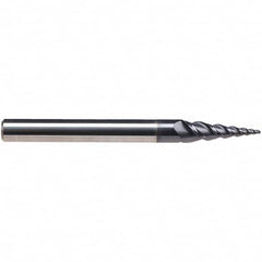 Emuge - 8° Taper Angle per Side, 3.85mm Small End Diam, 15mm LOC, Solid Carbide 3 Flute Tapered Ball End Mill - TiAlN Finish, 62mm OAL, 6mm Shank Diam, Spiral Flute, 45° Helix - Benchmark Tooling