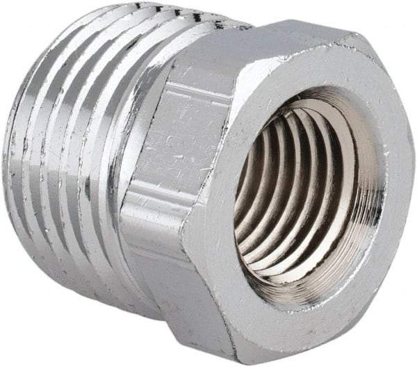 Merit Brass - Class 125, 1/2 x 1/4" Internal Pipe, Red Brass & Chrome Hex Bushing - MNPT x FNPT - Benchmark Tooling