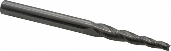 Accupro - 3° Taper Angle per Side, 1/8" Small End Diam, 1-1/4" LOC, Solid Carbide 3 Flute Tapered Square End Mill - 3-1/2" OAL, 3/8" Shank Diam, Spiral Flute - Benchmark Tooling