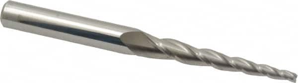 Accupro - 3° Taper Angle per Side, 1/8" Small End Diam, 2" LOC, Solid Carbide 3 Flute Tapered Square End Mill - 4" OAL, 3/8" Shank Diam - Benchmark Tooling