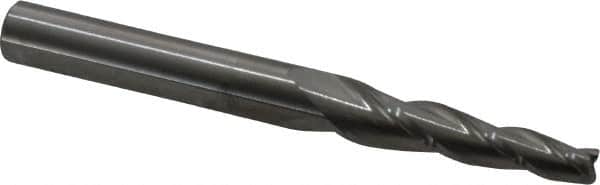 Accupro - 3° Taper Angle per Side, 3/16" Small End Diam, 1-1/4" LOC, Solid Carbide 3 Flute Tapered Square End Mill - 3" OAL, 5/16" Shank Diam, Spiral Flute - Benchmark Tooling