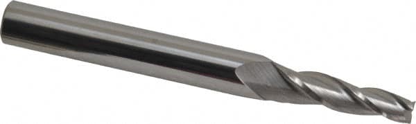 Accupro - 3° Taper Angle per Side, 1/4" Small End Diam, 1-1/4" LOC, Solid Carbide 3 Flute Tapered Square End Mill - 3" OAL, 3/8" Shank Diam, Spiral Flute - Benchmark Tooling