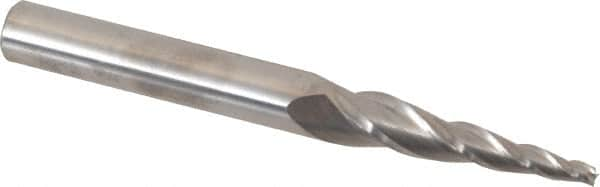 Accupro - 5° Taper Angle per Side, 3/32" Small End Diam, 1-1/4" LOC, Solid Carbide 3 Flute Tapered Square End Mill - 3" OAL, 5/16" Shank Diam, Spiral Flute - Benchmark Tooling