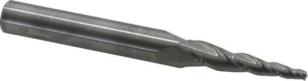 Accupro - 5° Taper Angle per Side, 1/8" Small End Diam, 1-1/2" LOC, Solid Carbide 3 Flute Tapered Square End Mill - 3-1/2" OAL, 3/8" Shank Diam, Spiral Flute - Benchmark Tooling