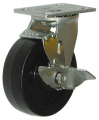 Value Collection - 5" Diam x 2" Wide x 6-1/2" OAH Top Plate Mount Swivel Caster with Brake - Phenolic, 1,000 Lb Capacity, Roller Bearing, 4 x 4-1/2" Plate - Benchmark Tooling