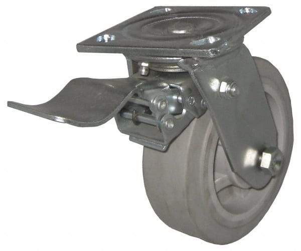Value Collection - 4" Diam x 2" Wide x 5-5/8" OAH Top Plate Mount Swivel Caster with Brake - TPR, 300 Lb Capacity, Roller Bearing, 4 x 4-1/2" Plate - Benchmark Tooling