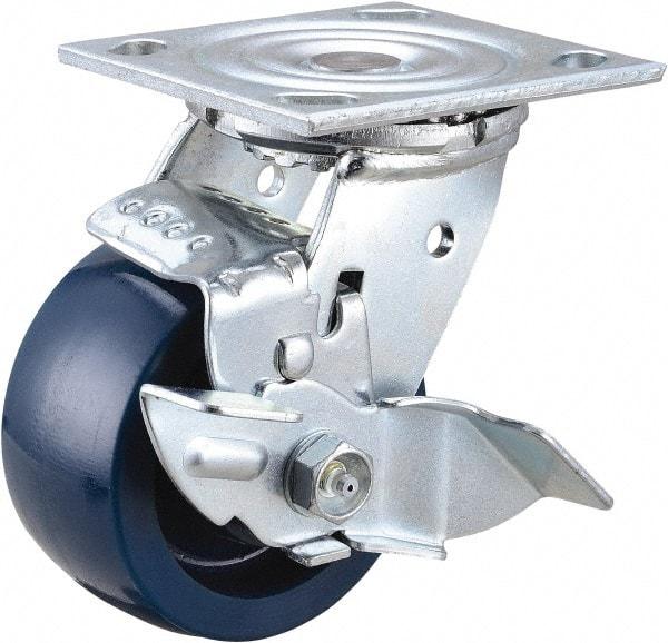 Value Collection - 4" Diam x 2" Wide x 5-5/8" OAH Top Plate Mount Swivel Caster with Brake - Polyurethane, 600 Lb Capacity, Roller Bearing, 4 x 4-1/2" Plate - Benchmark Tooling