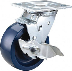 Value Collection - 5" Diam x 2" Wide x 6-1/2" OAH Top Plate Mount Swivel Caster with Brake - Polyurethane, 650 Lb Capacity, Roller Bearing, 4 x 4-1/2" Plate - Benchmark Tooling