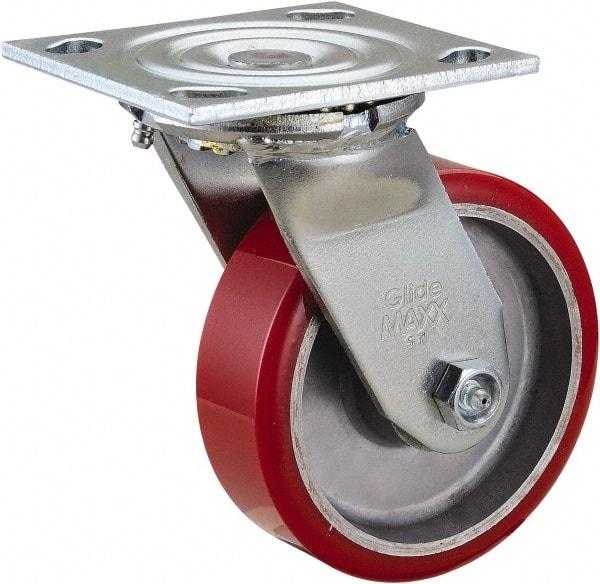 Value Collection - 5" Diam x 1-1/2" Wide x 6-1/2" OAH Top Plate Mount Swivel Caster - Polyurethane, 720 Lb Capacity, Roller Bearing, 4 x 4-1/2" Plate - Benchmark Tooling