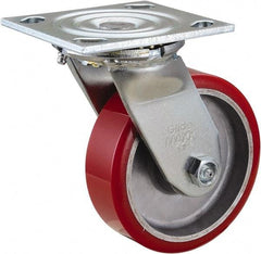 Value Collection - 5" Diam x 1-1/2" Wide x 6-1/2" OAH Top Plate Mount Swivel Caster - Polyurethane, 720 Lb Capacity, Roller Bearing, 4 x 4-1/2" Plate - Benchmark Tooling