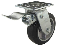 Value Collection - 5" Diam x 2" Wide x 6-1/2" OAH Top Plate Mount Swivel Caster with Brake - Soft Rubber, 450 Lb Capacity, Roller Bearing, 4 x 4-1/2" Plate - Benchmark Tooling