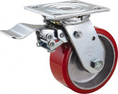 Value Collection - 5" Diam x 2" Wide x 6-1/2" OAH Top Plate Mount Swivel Caster with Brake - Polyurethane, 1,250 Lb Capacity, Roller Bearing, 4 x 4-1/2" Plate - Benchmark Tooling