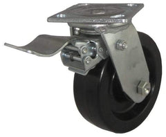 Value Collection - 5" Diam x 2" Wide x 6-1/2" OAH Top Plate Mount Swivel Caster with Brake - Phenolic, 1,100 Lb Capacity, Roller Bearing, 4 x 4-1/2" Plate - Benchmark Tooling