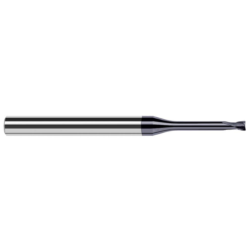 Corner Radius End Mill: 0.015″ Dia, 0.012″ LOC, 0.002″ Radius, 2 Flutes, Solid Carbide 2-1/2″ OAL, 1/4″ Shank Dia, 20 ° Helix, AlTiN Coated, Corner Radius End