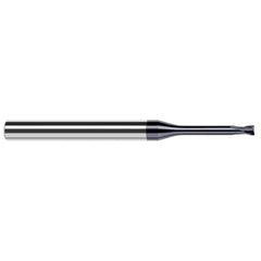 Corner Radius End Mill: 0.015″ Dia, 0.012″ LOC, 0.002″ Radius, 2 Flutes, Solid Carbide 2-1/2″ OAL, 1/4″ Shank Dia, 20 ° Helix, AlTiN Coated, Corner Radius End