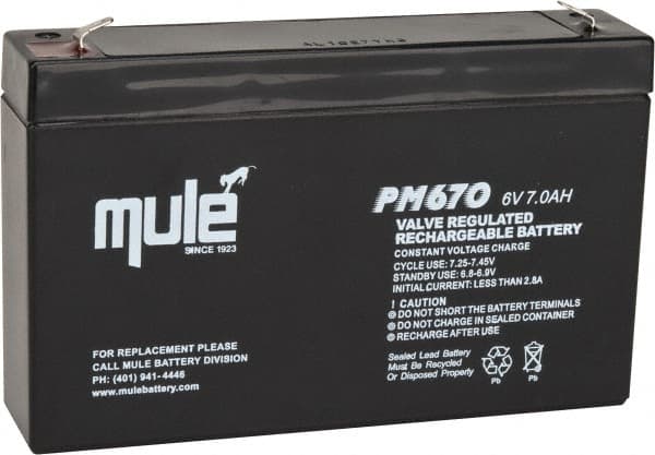 Mule - Lead-Acid, Quick-Disconnect Tab Terminal, 6 Volt, 7 Amp, Lead Rechargeable Battery - 3/16" Tab Width x 0.032" Tab Thickness, 1.34" Wide x 3.7" High x 5.95" Deep - Benchmark Tooling