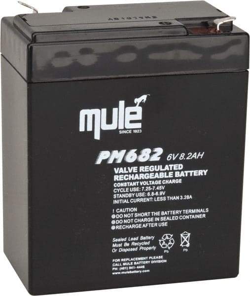 Mule - Lead-Acid, Quick-Disconnect Tab Terminal, 6 Volt, 8 Amp, Lead Rechargeable Battery - 6.35mm Tab Width x 0.8mm Tab Thickness, 2.2" Wide x 4.61" High x 3.86" Deep - Benchmark Tooling